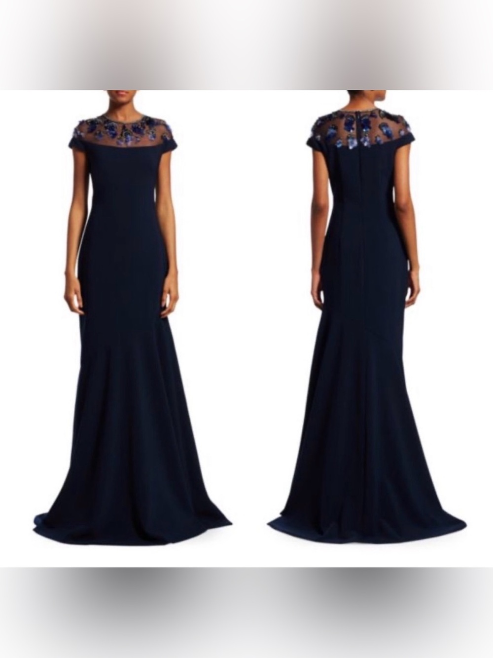 THEIA Navy Blue Cap Sleeve Embellished Illusion Dress Yoke Mermaid Gown size 8 - Picture 2 of 8